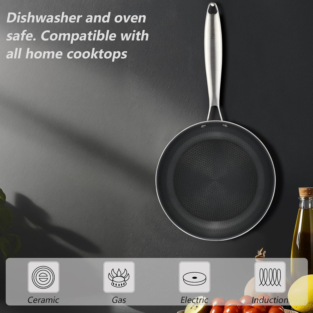 Stainless Steel Nonstick Frying Pan, Hybrid Ceramic 10-Inch Frying Pan, Stay-Cool Handle, PFAS & PFOA PTFE Free, Dishwasher & Oven Safe, Scratch-Resistant, Compatible with Induction & All Cooktops