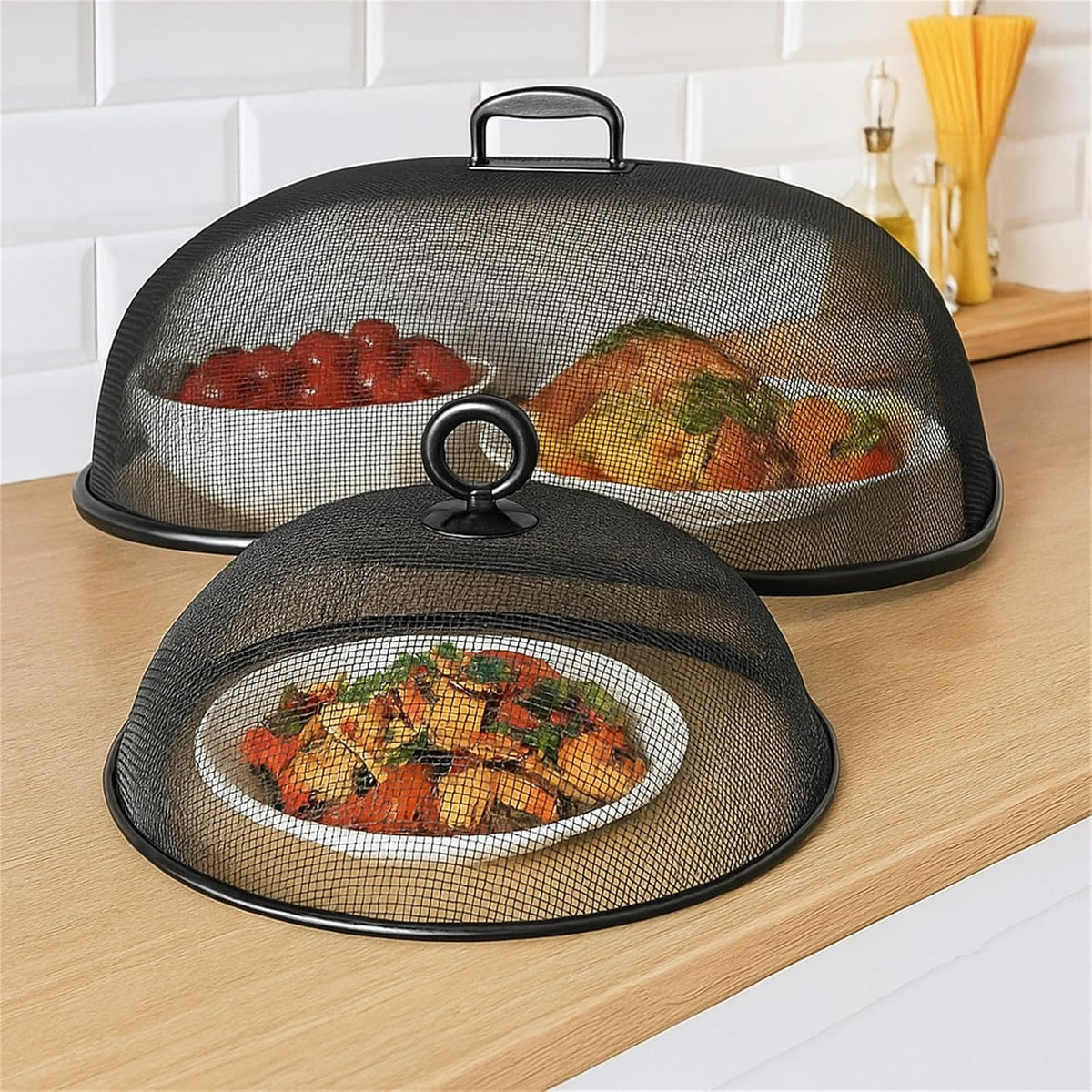 8 Pack Metal Mesh Screen Food Covers, 2 Large (18.5”) and 6 Small (11”) Sets, Reusable Metal Mesh Food Covers for Outdoors, Camping, Picnics and Parties