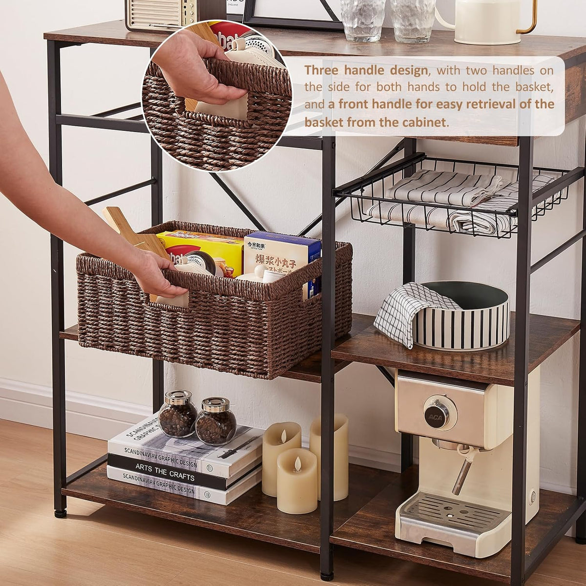 OIAHOMY Wicker Basket, Paper Shelf Basket with Built-in Handles, Rectangular Wicker Storage Bin for Pantry, Shelves, 1 Pack-Brown