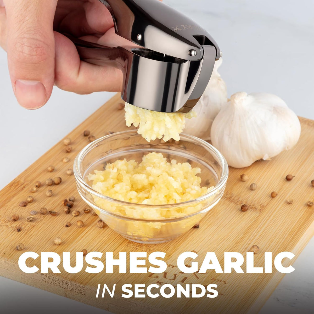 Zulay Kitchen Large Premium Garlic Press Set – Rust Proof & Dishwasher Safe, Bigger Bowl Garlic Mincer Tool with Silicone Garlic Peeler & Brush, Easy Squeeze & Clean, Ergonomic Handle - Dark Gray