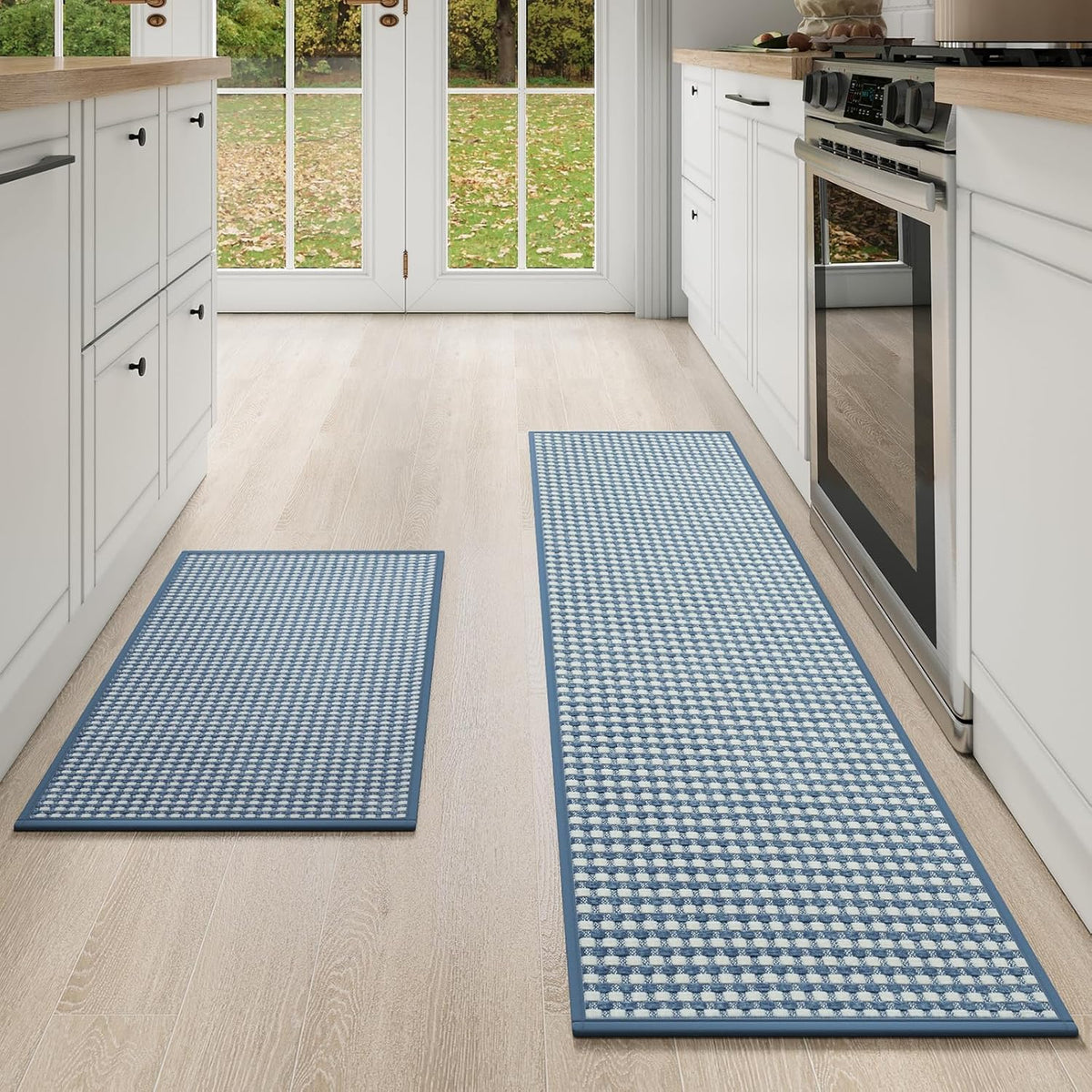 Kitchen Mat Kitchen Rugs Sets of 2 PCS Non Slip Washable, Super Absorbent Soft Braided Kitchen Mats for Floor, Rubber Backing Comfort Standing Kitchen Sink Mat Runner Rug, Blue 17"x28"+17"x59"