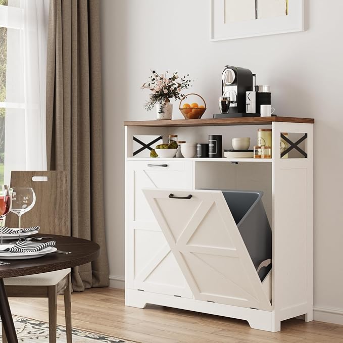 Double Tilt Out Trash Can Cabinet for 13*2 Gallon Garbage Can, Farmhouse Kitchen Garbage Trash Bin for Hidden Laundry Basket, Dual Dog Proof Recycling Cabinet for Bathroom, Living Room, White
