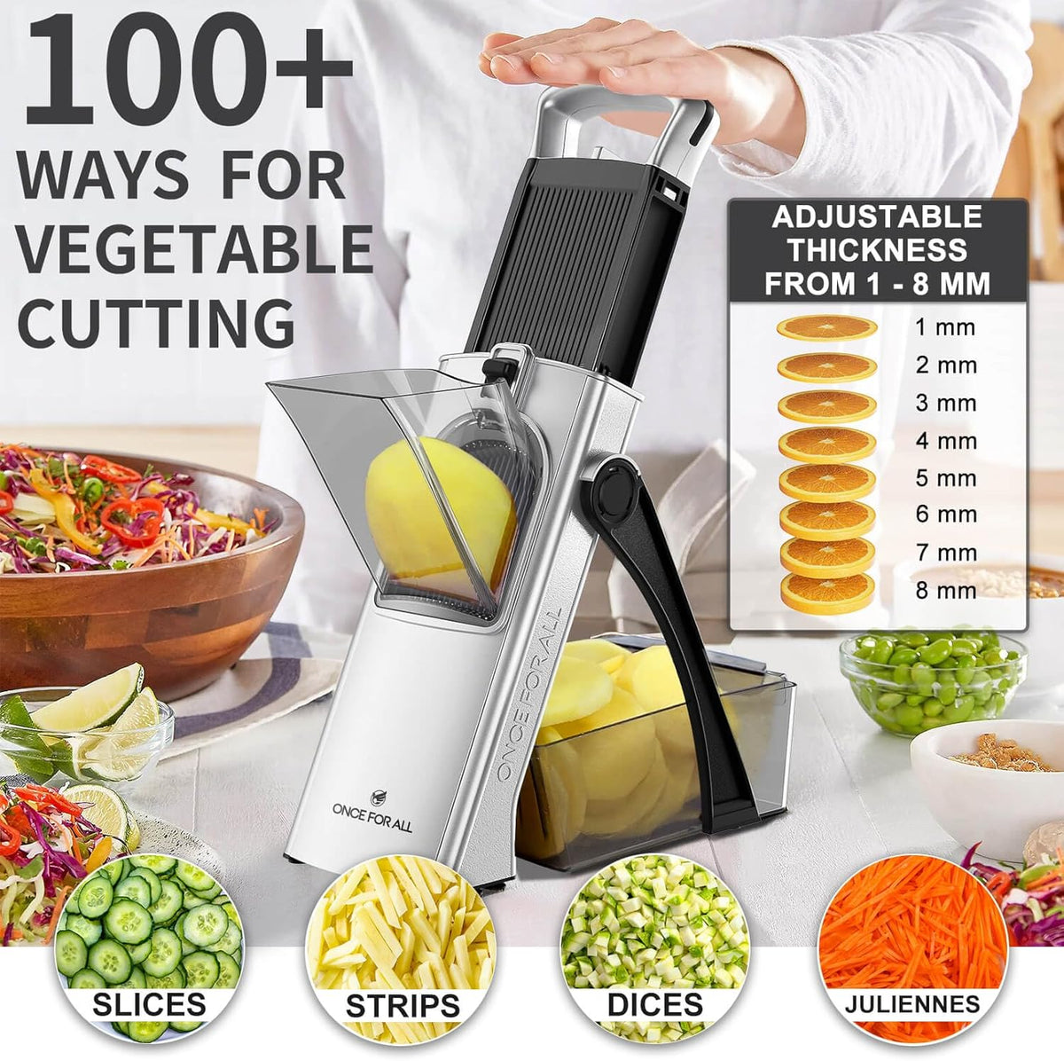 ONCE FOR ALL Upgrade Safe Mandoline Slicer Plus, Biger Size, Adjustable Vegetable Food Chopper Potato Fries Cutter, Detachable Blade, Kitchen Chopping Artifact, Gift (Black)