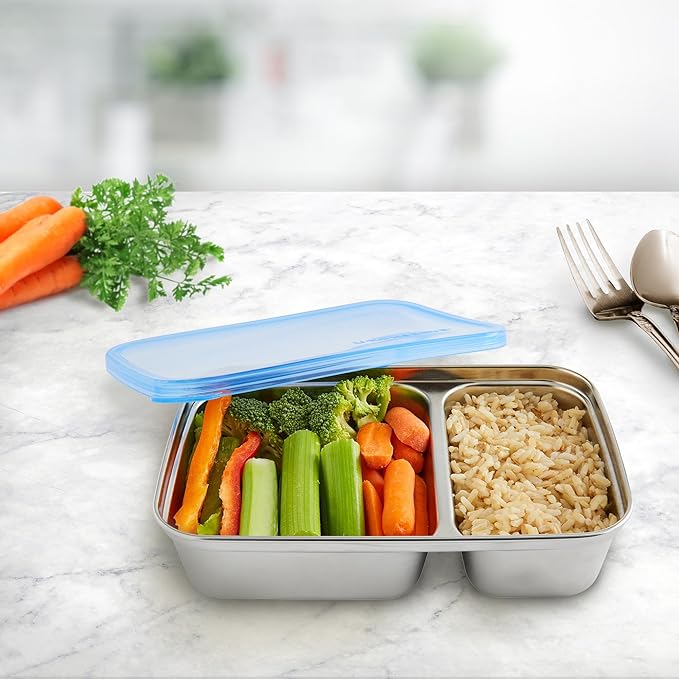 U Konserve Stainless Steel Rectangle Divided Food Storage Bento Box Container, Leak Proof Silicone Lid Dishwasher Safe - Plastic Free, (28oz Cosmic Blue)