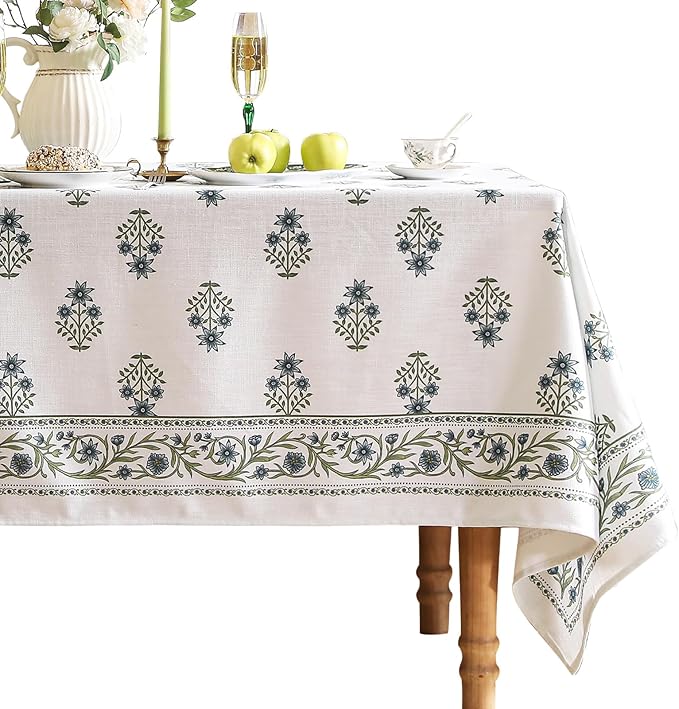 ISAENNE Designer White Linen Small Rectangular Tablecloth,Chinoiserie Floral Elegant Indoor Table Cloth,Fall Stain Proof Decor Tablecloths for Dining Thanksgiving Kitchen,55"*71"-Mosella F