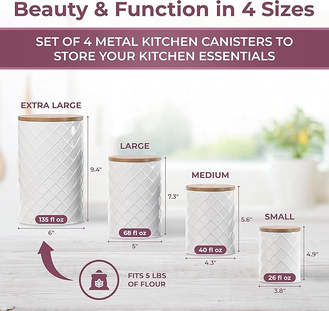 Pebble & Stem® White Metal Canister Set for the Kitchen Counter, Food Canister Set of 4, Airtight Lids, Sugar and Flour Containers for Countertops, Coffee and Tea Storage, Farmhouse Decor