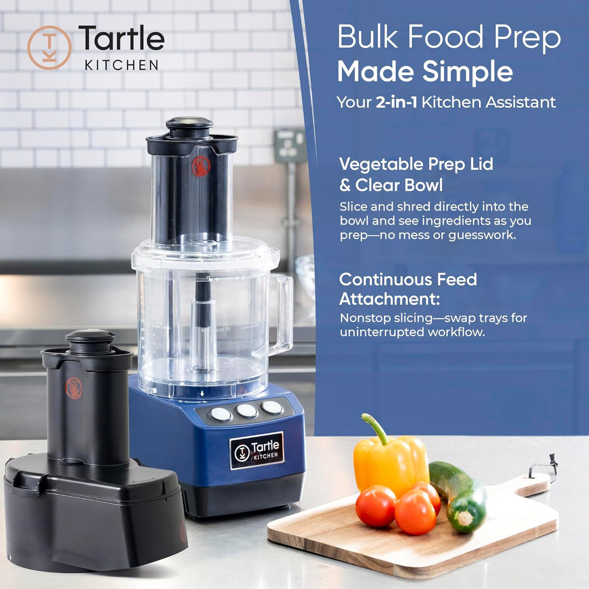 TK Tartle Commercial Food Processor - Heavy-Duty 600W Chopper, Slicer, Shredder & Blender w/Vegetable Prep Lid, Continuous Feed, 3L Mixer Bowl & Stainless Steel Blades
