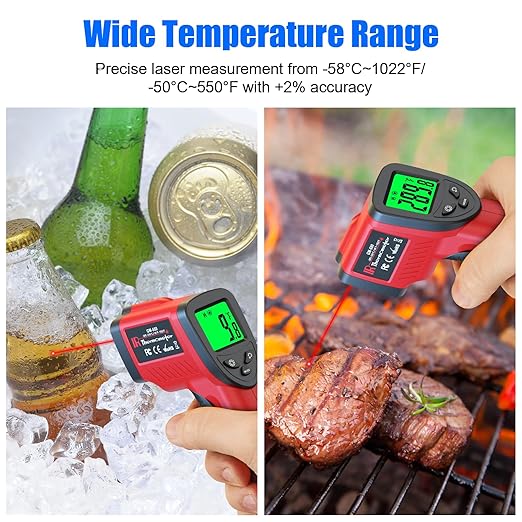 Digital Infrared Thermometer Gun -58℉ to 1022℉ (-50℃ to 550℃), Adjustable Emissivity, Laser Temperature Gun for Cooking, BBQ, Oven, Engine, and Industrial Use (Not for Human Body)