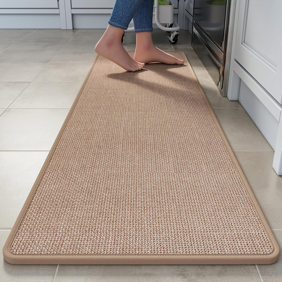 Long Kitchen Mat Kitchen Mats for Floor, Linen-Look Woven Absorbent Kitchen Runner Rugs Non Slip Washable Comfort Standing Mats for Kitchen, Front of Sink
