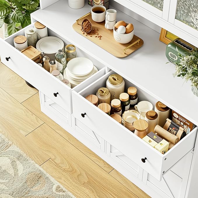 FINETONES 71" Pantry Cabinet with LED Light and Charging Station, Farmhouse Kitchen Pantry Cabinet with Microwave Stand, 47.2" Wide Kitchen Hutch Food Pantry with Open Countertop, White