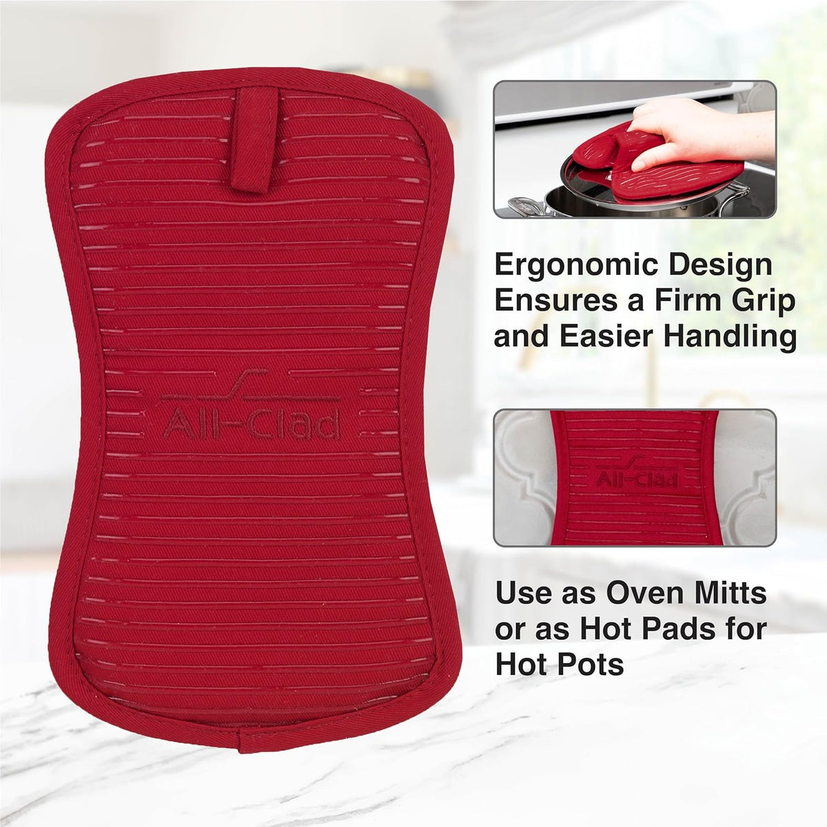 All-Clad Premium Pot Holder & Heating Pad, (1-Pack) Heat Resistant to 500 Degrees, 100% Cotton 10"x6.25" for Kitchen and Barbeque, Chili Red