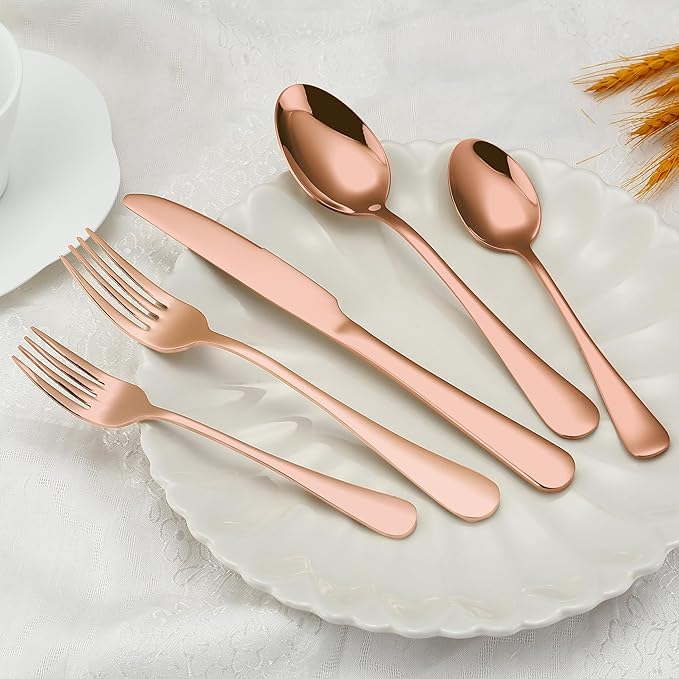 Briout Rose Gold Silverware Set, 20 Piece Cutlery Set, Stainless Steel Flatware Set Service for 4 Include Spoons Forks Knives Tableware Utensil Set for Kitchen Home Restaurant, Shiny Rose Gold Polish