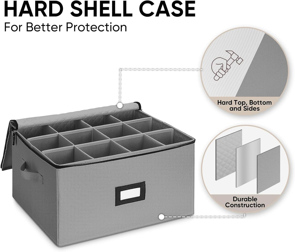 BALEINE China Storage Containers, Sturdy Quilted Wine Glass Storage, Plate Organizer with Carry Handles, Moving Boxes for Dishes, Cups, Mugs and Stemware (Wine Glass, Hard Shell Grey)