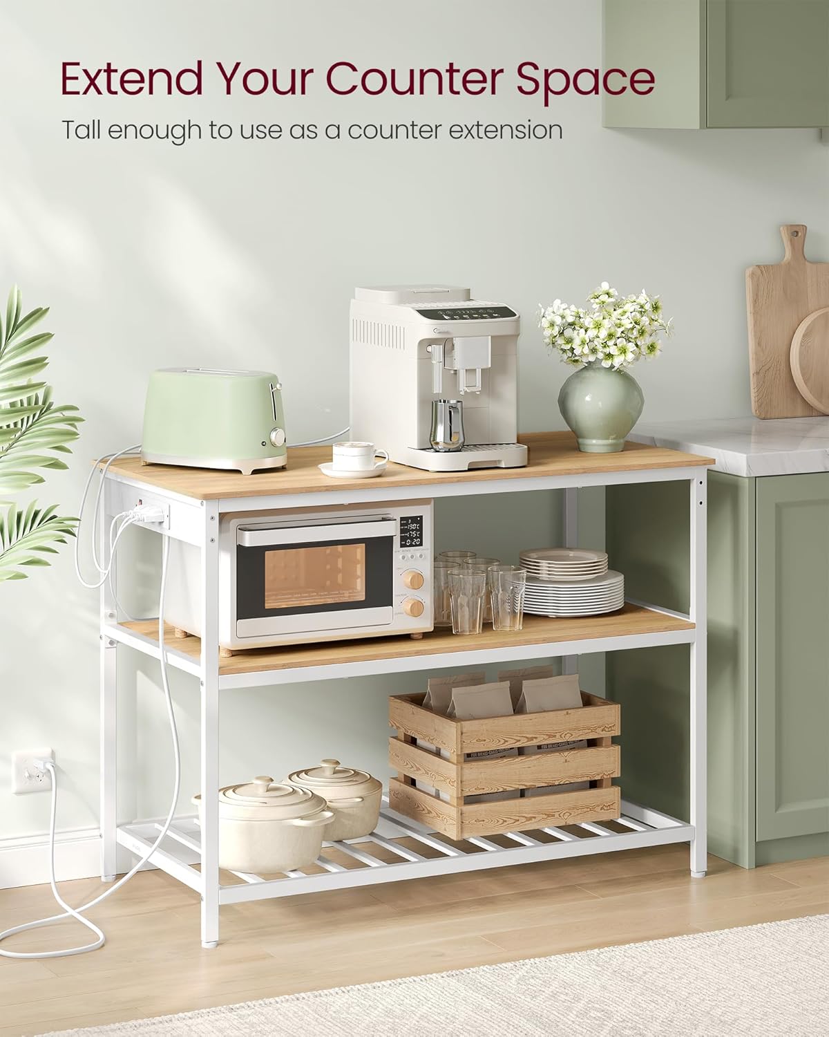 VASAGLE Kitchen Island with 3 Shelves, Kitchen Shelf with Power Strip, 23.6 x 47.2 x 34.9 Inches, Large Worktop, Steel Structure, Industrial, Easy to Assemble, Oak Color and White UKKI101Y01