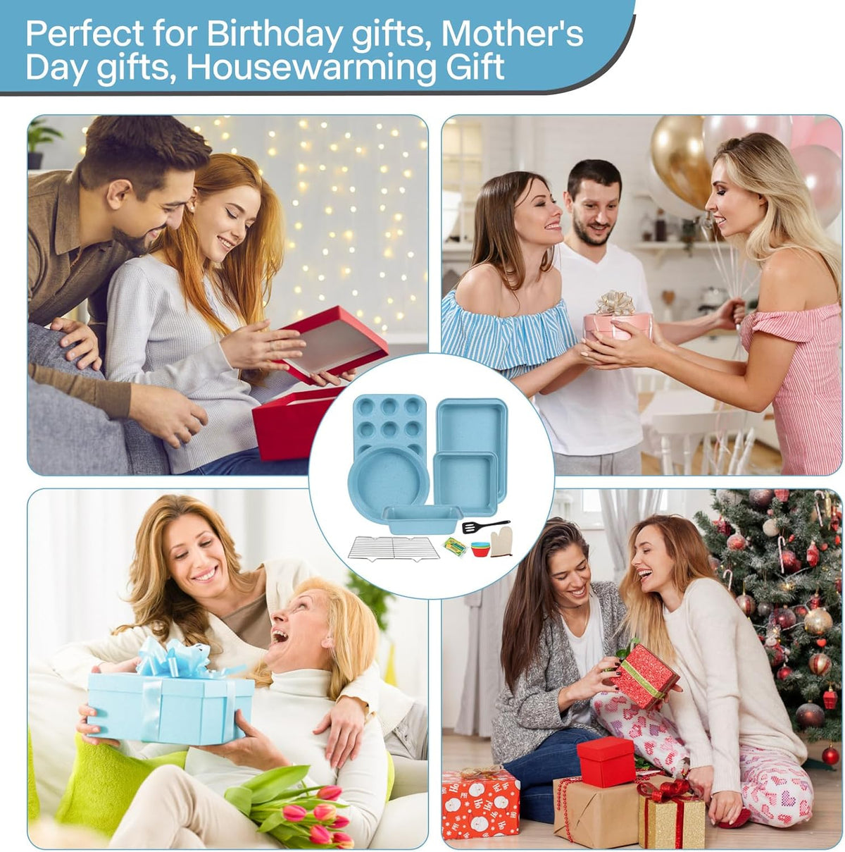 6-Pieces Baking Pans Set Nonstick, Bakeware Sets Stackable, Carbon Steel Oven Baking Set Easy to Use, Unique Blue Baking Sheet Set for Kitchen