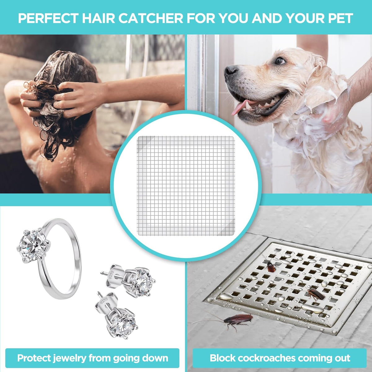 25 Pack, Disposable Shower Drain Hair Catcher Mesh Stickers, 6 inch, Square