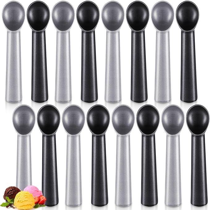 Gejoy 16 Pcs Ice Cream Scoop 7 Inch Nonstick Anti Freeze Ice Cream Scooper Aluminum Design Dessert Spoon for Gelatos Frozen Yogurt Fruit Sundaes Sorbet Almond Cookie Dough (Black and Silver)
