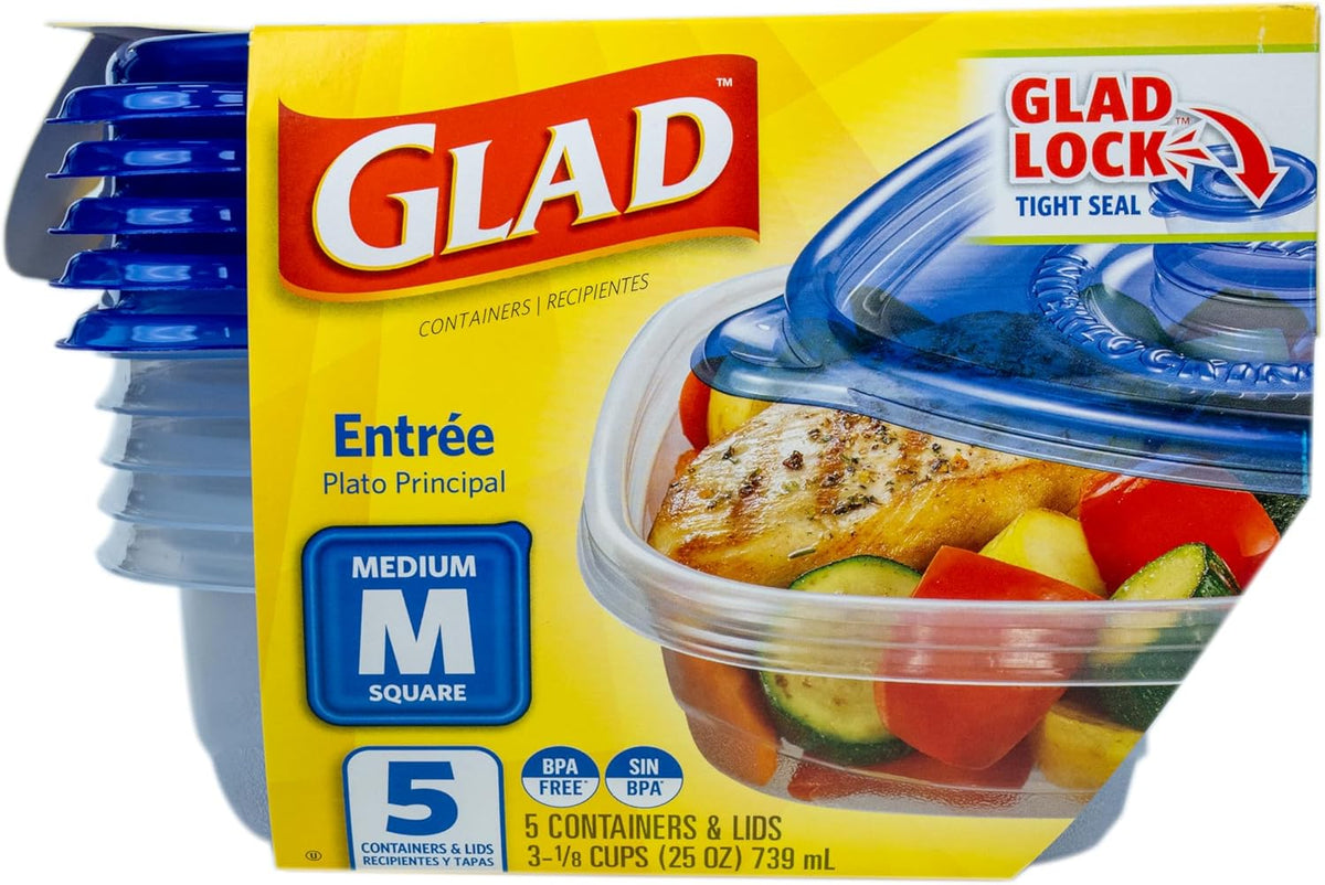 Glad GladWare Entrée Food Storage Containers, Medium Square - Meal Container Holds up to 25 Ounces of Food - Lock Tight Seal, 5 Count - 2 Pack