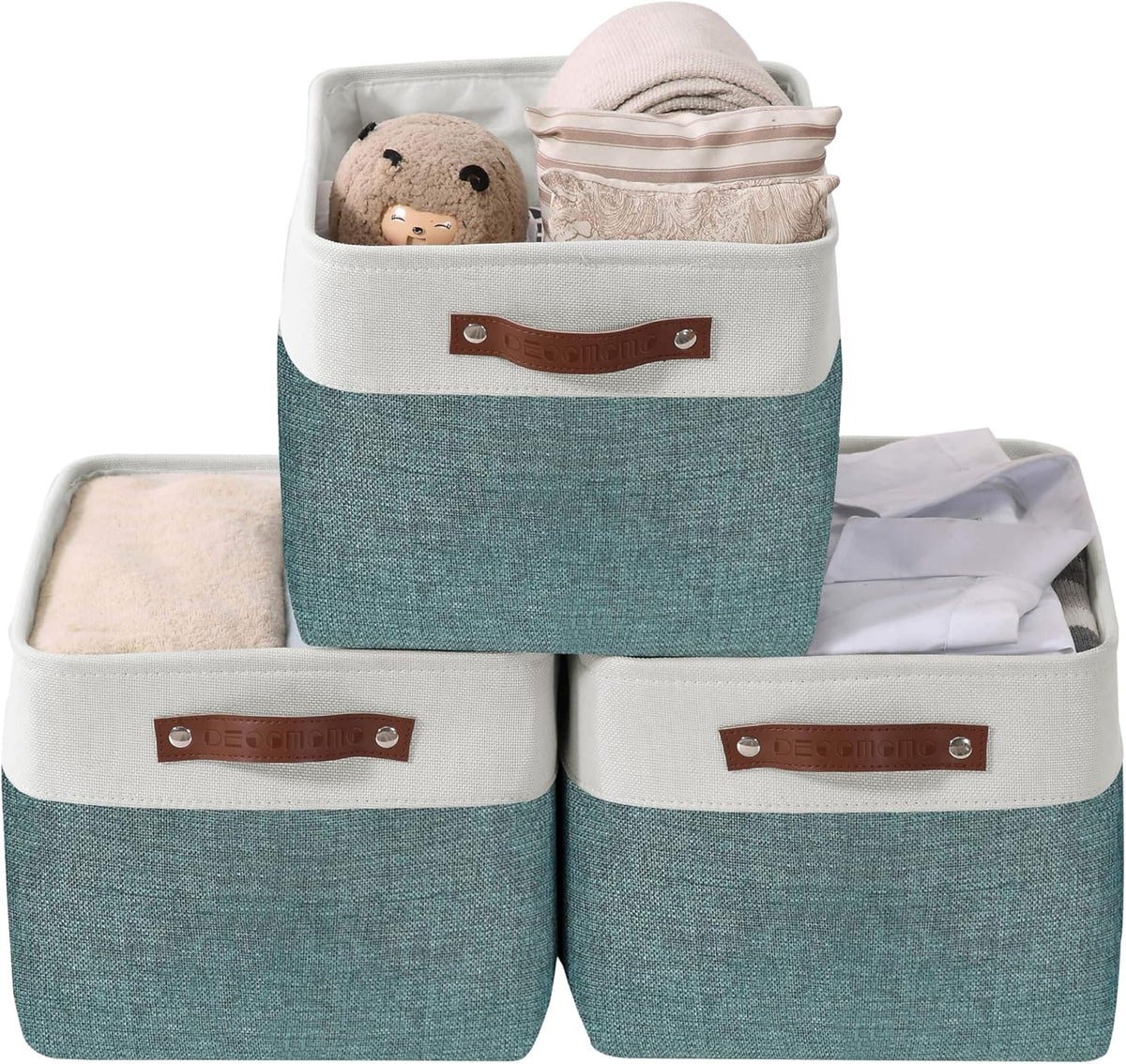 DECOMOMO Storage Baskets for Shelves - Fabric Storage Bins, Linen Closet Organizers and Storage (Green & White, XL - 3 Pack)