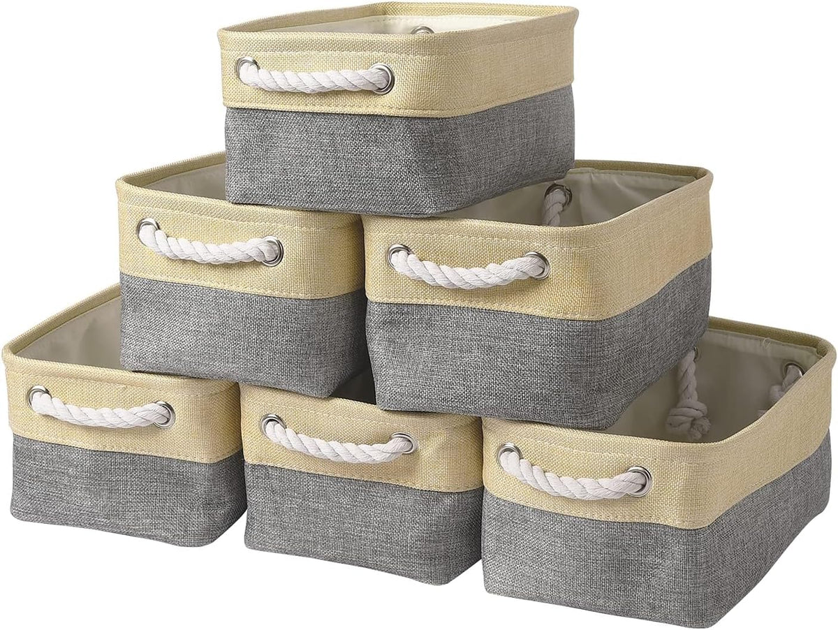 TcaFmac Organization and Storage Bins for Shelves - Small 6 Pack 12x8x5.2 inch Collapsible Storage Basket for Organizing, Fabric Storage Cubes for Gifts Empty for Toy Books (Gold & Grey)