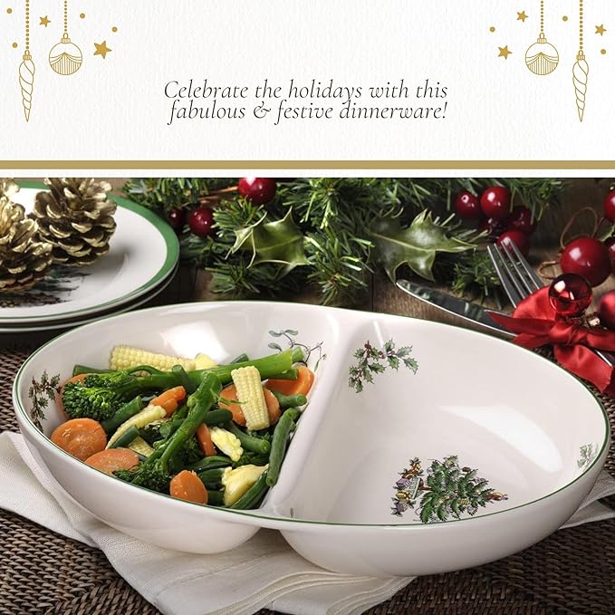 Spode Christmas Tree Divided Dish - 11.5" Festive Serving Tray for Holiday Parties, Seasonal Events - Fine Earthenware, Decorative Christmas Dinnerware, Microwave & Dishwasher Safe