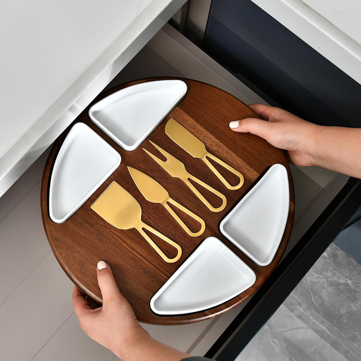 Shanik Upgraded Lazy Susan Cheese Cutting Board Set - Round Acacia Charcuterie Board With 4 Ceramic Bowls - Wedding Gifts - Cheese Serving Platter - Bridal Shower