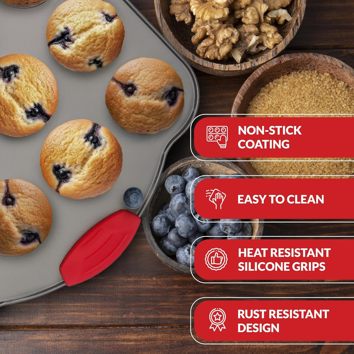 Boxiki Kitchen 24 Cup Mini Muffin Pan with Silicone Handles | Professional Non-Stick Cupcake Pan for Muffins, Cupcakes, Egg Bites, and More