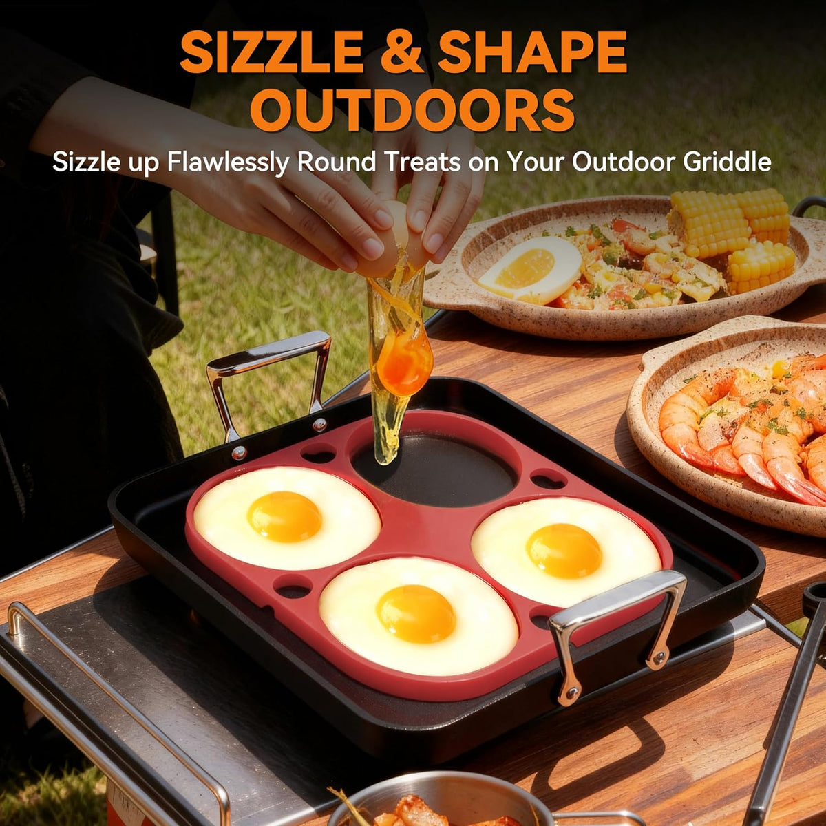 Baker's Friend 4-Round Silicone Egg Rings for Frying Eggs & Pancake, Pancake Shaper, Non-Stick & Heat-Resistant, Red