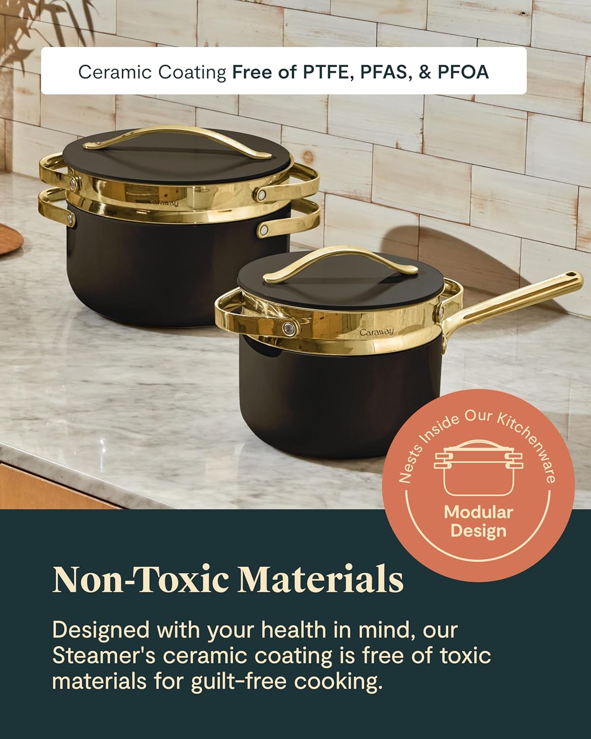 Caraway Steamer - Stainless Steel Steamer with Handles - Non Stick, Non Toxic Coating - Steam Veggies, Seafood, and More - Compatible With Our Dutch Oven or Sauce Pan - Large, 6.5qt - Gold