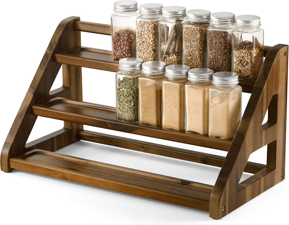 Tinamo Acacia Wood Spice Rack - Wooden 3-Tier Spice Rack Organizer for Countertop or Cabinet – Kitchen Spice Organizer and Seasoning Organizer Shelf (Walnut)