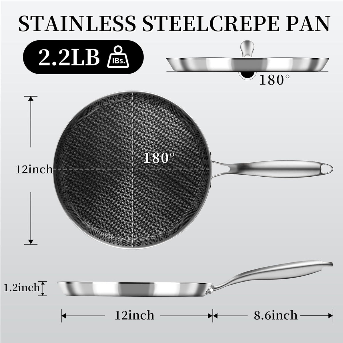 Nonstick Crepe Pan 12 inch Stainless Steel Crepe Pan Honeycomb Coating Flat Skillet Tawa Dosa Tortilla Pan,Omelet Pan with All Stove Tops Available, Induction Compatible