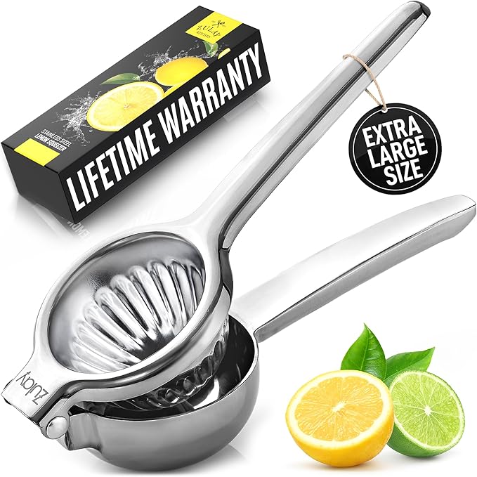 Zulay Kitchen Extra Large Lemon Squeezer Stainless Steel - Easy Squeeze Heavy Duty Lemon Juicer Hand Press - Ergonomic Citrus Squeezer & Fruit Juicer for Small Oranges, Lemons, & Limes - Silver