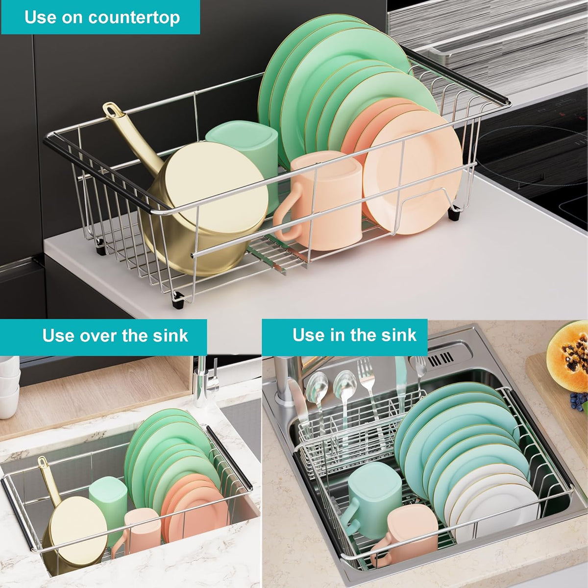 iPEGTOP Capacity Expandable Over Sink Dish Drying Rack, Multifunctional Adjustable (14"-18.5") Rustproof Stainless Steel Dish Drainer Organizer Shelf with Utensil Holder for Kitchen Counter Sink