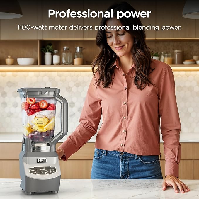Ninja BL660 Professional Compact Smoothie & Food Processing Blender, 1100-Watts, 3 Functions -for Frozen Drinks, Smoothies, Sauces, & More, 72-oz.* Pitcher, (2) 16-oz. To-Go Cups & Spout Lids, Gray