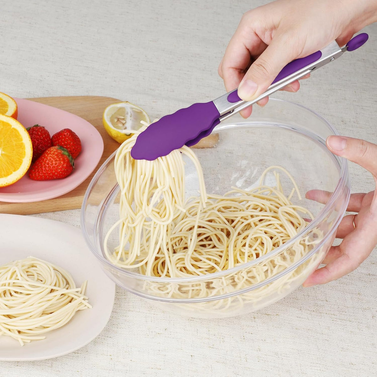 Hotec Mini Silicone Kitchen Tongs for Cooking - 7-Inch Small Serving Tongs with Silicone Tips, Set of 3 (Purple)