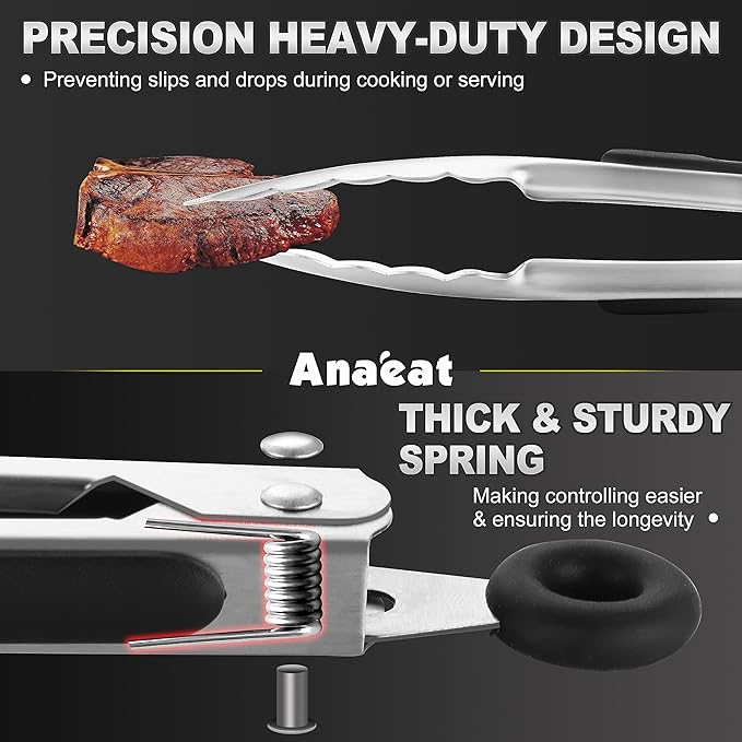 Anaeat Stainless Steel Locking Tong Set of 3 - Premium 7, 9 and 12 inch Kitchen Food Tongs with Non-Slip Silicone Tips and Grip for Serving, Cooking, Baking and BBQ - Heavy Duty & Heat Resistant