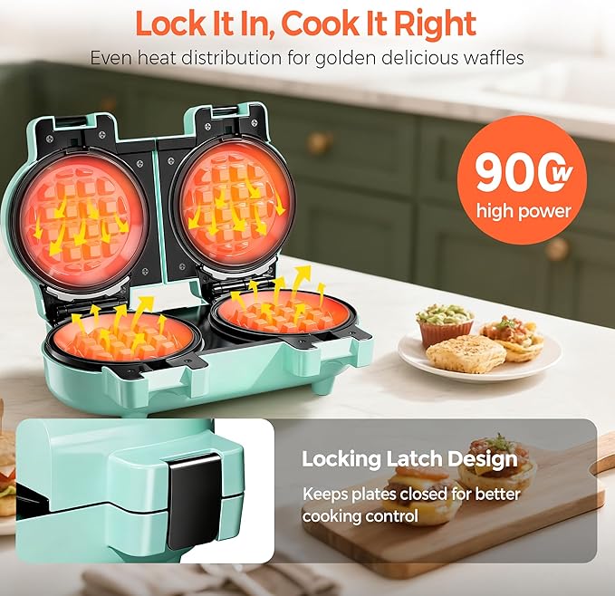 2-in-1 Double Waffle & Pancake Maker - CACHOO Mini 4" Nonstick Waffle Iron & Small Round Griddle with 4 Removable Plate Sets, Dishwasher Safe, Perfect for Small Spaces, Apartments & Dorms, Aqua