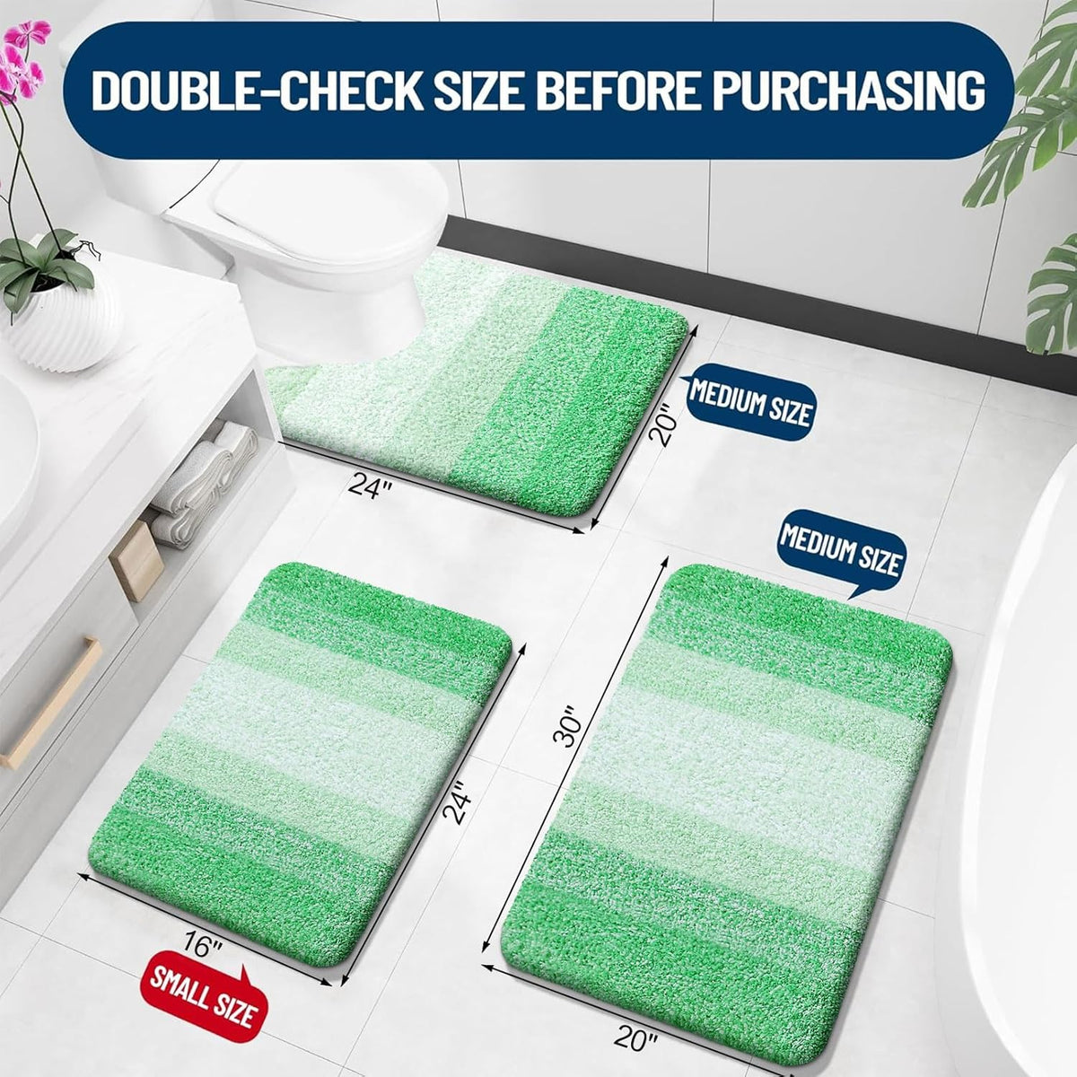 OLANLY Luxury Toilet Rugs U-Shaped 24x20, Extra Soft and Absorbent Microfiber Bathroom Rugs, Non-Slip Plush Shaggy Bath Mat, Machine Wash Dry, Contour Bathroom Mats for Toilet Base, Green