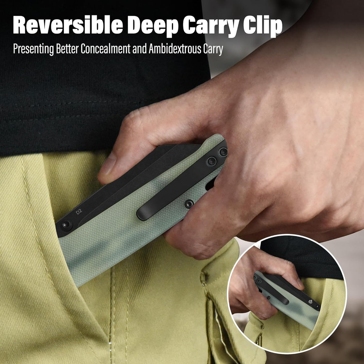 QSP Penguin V2 Folding Pocket Knife, 3.06" D2 Black Stonewash Blade EDC Knife, Jade G10 Handle, Liner Lock, Ceramic Ball Bearings, Reversible SS Deep Carry Clip