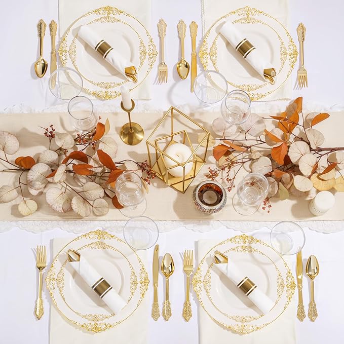 Nervure 350PCS Ivory Plastic Plates - Ivory Gold Plastic Dinnerware Sets for 50 Guests - 100 Gold Disposable Plates, 50 Pre Rolled Silverware Sets, 50 Cups Perfect for Wedding & Thanksgiving