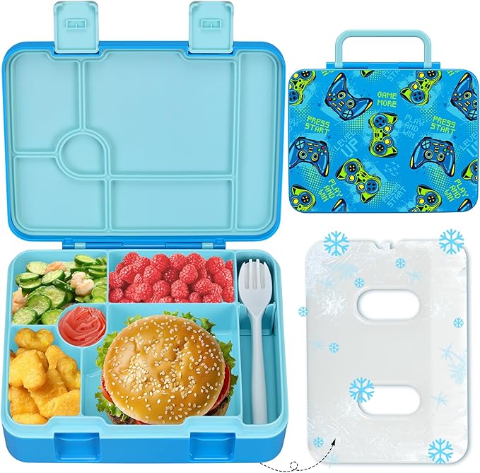 Chill Lunch Box Kids, Leak Proof Adult Bento Box with Ice Pack, 6 Compartment Lunch Container with Utensils for Girl Boy Back to School, 5.5-Cup Capacity, Dishwasher Safe, BPA Free