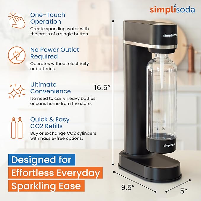 Simpli Soda BLÜ Sparkling Water Maker, Premium Soda Streaming Machine, Carbonated Water Machine and Soda Maker - Black (No CO2 Cylinder Included)