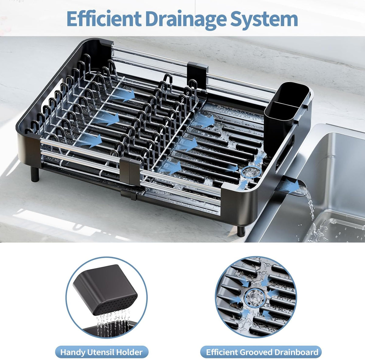 Stainless Steel Dish Drying Rack - Dish Drainer for Kitchen Counter, Extendable Drainboard with Foldable, Space-Saving Cup & Bowl Organizer, Includes Knife and Utensil Holder, Black
