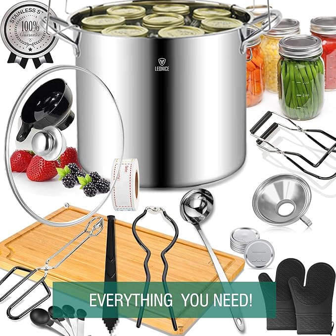 Canning Supplies Starter Kit - Water Bath Canning Pot with Rack,Stainless Steel Canner Kit Set Tools: 2pcs Funnels,3 in 1 Lid Lifter,Ladle,Tongs,Silicon Gloves & Accessories Equipment for Beginner