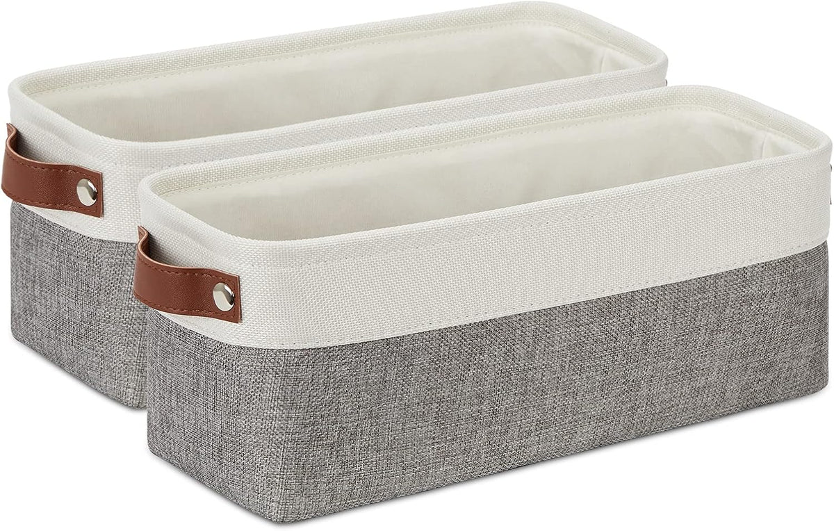 DULLEMELO Small Storage Baskets 15"x6"x5.5", Fabric Storage Bins for Toilet Tank Top [2 Pack], Back of The Toilet Basket (White&Grey)