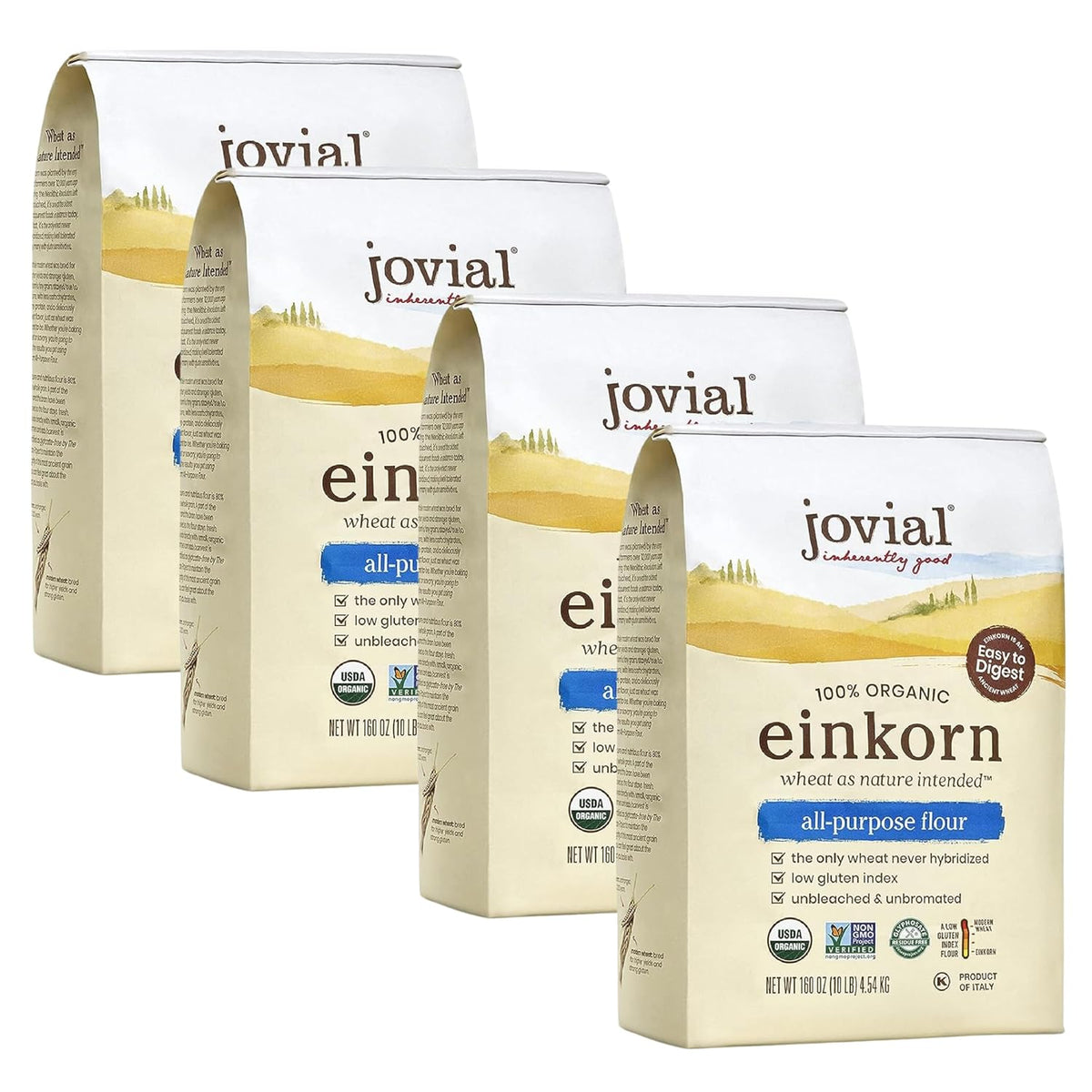Jovial Organic Einkorn Unbleached All Purpose Flour - Bread Baking Flour for Sourdough, High Protein, Non-GMO, Organic Pizza & Pasta, European Italian, Glyphosate Free - 32 Oz, 4 Pack