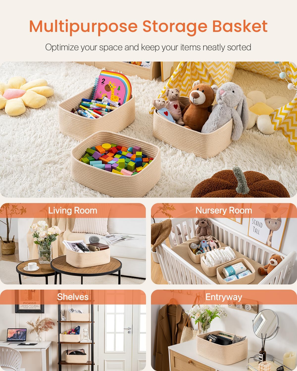 Small Woven Basket, 13.5 x 9.5 x 5 Inches, Storage Basket for Organizing, Cute Small Rope Shelf Closet Cube Storage Bins Baskets for Shelves, Dog Toy Gift Baskets Empty, 3 Packs, Beige