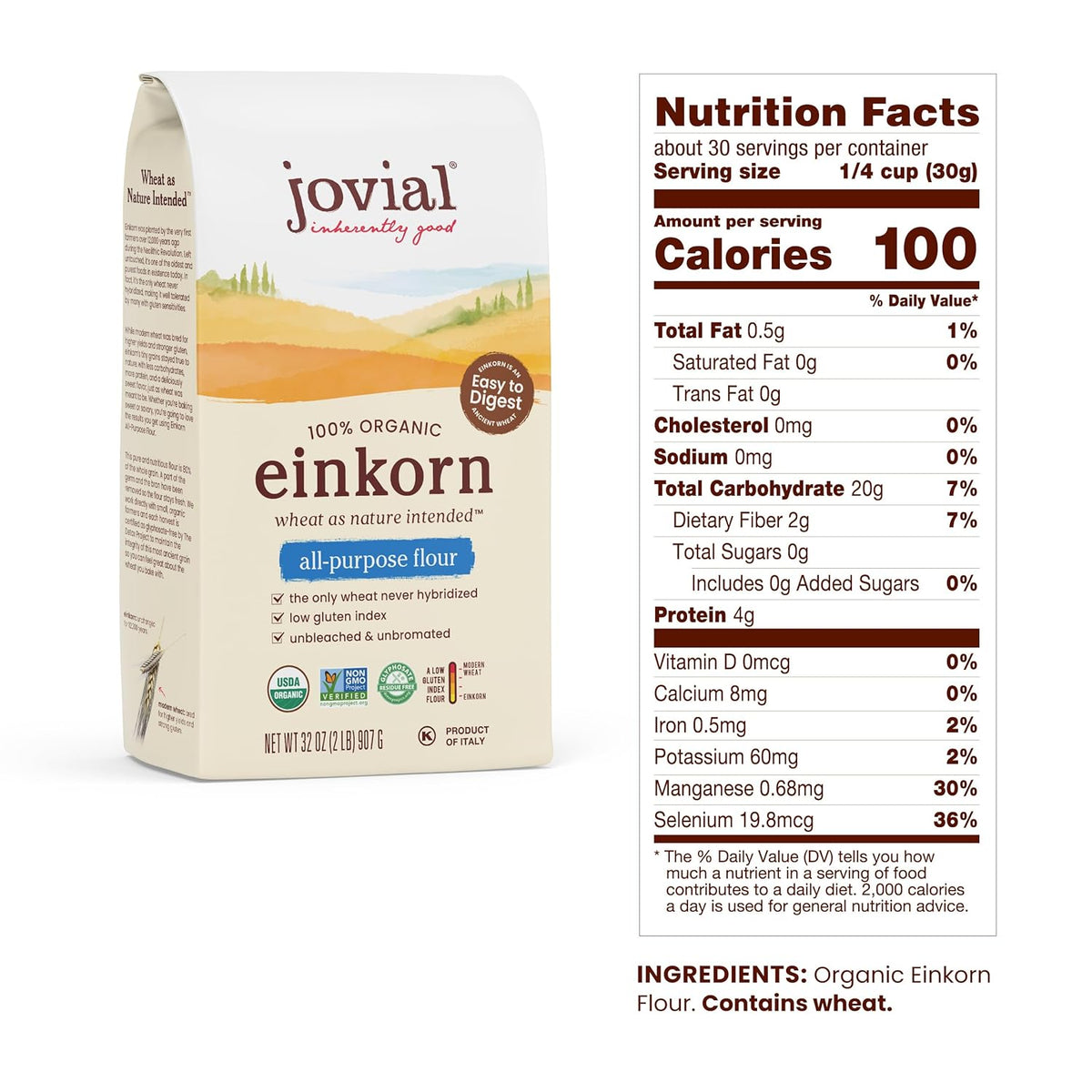 Jovial Organic Einkorn Unbleached All Purpose Flour - Bread Baking Flour for Sourdough, High Protein, Non-GMO, Organic Pizza & Pasta, European Italian, Glyphosate Free - 32 Oz, 4 Pack