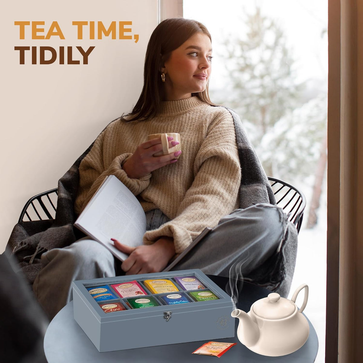 Bambsi Tea Bag Organizer - Bamboo Tea Box Organizer Storage Box, Tea Bag Holder with Acrylic Window, Magnetic Lid Keeps Tea Bags Fresh - Tea Organizer Caddy (Tea Not Included) Christmas Gift - Grey