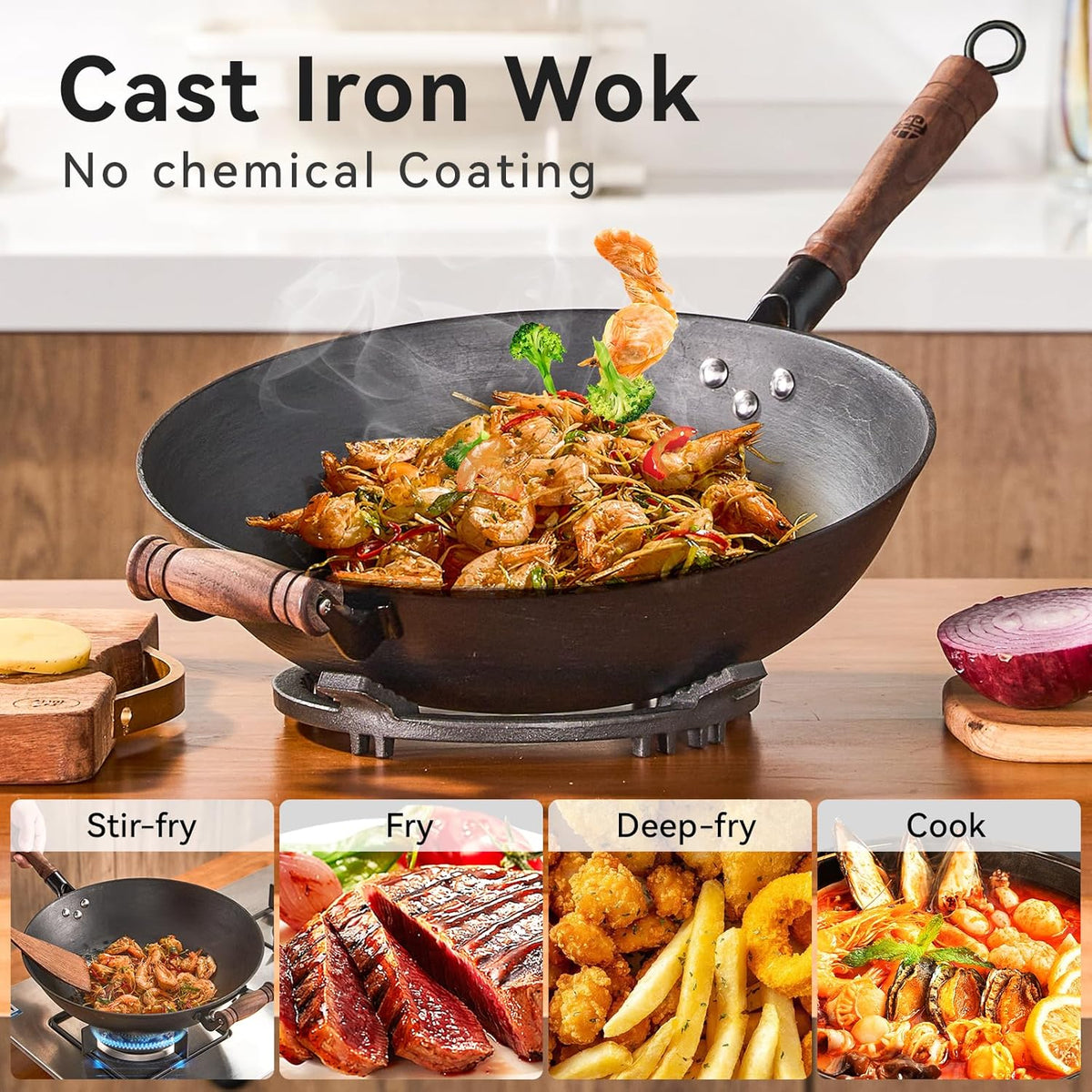 WANGYUANJI Cast Iron Wok Pan 14.2 inch Large Wok Stir Fry Pan Flat Bottom Wok with Lid and Wood Handle, Suitable for All Cooktops, Uncoated Craft Pot Healthy Cooking Pot